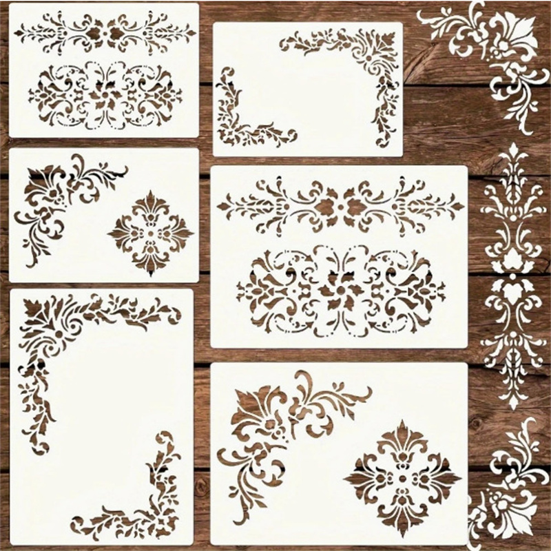 6Pcs Floral Corner Stencils fo - Woodworking Veneer 评论和价格